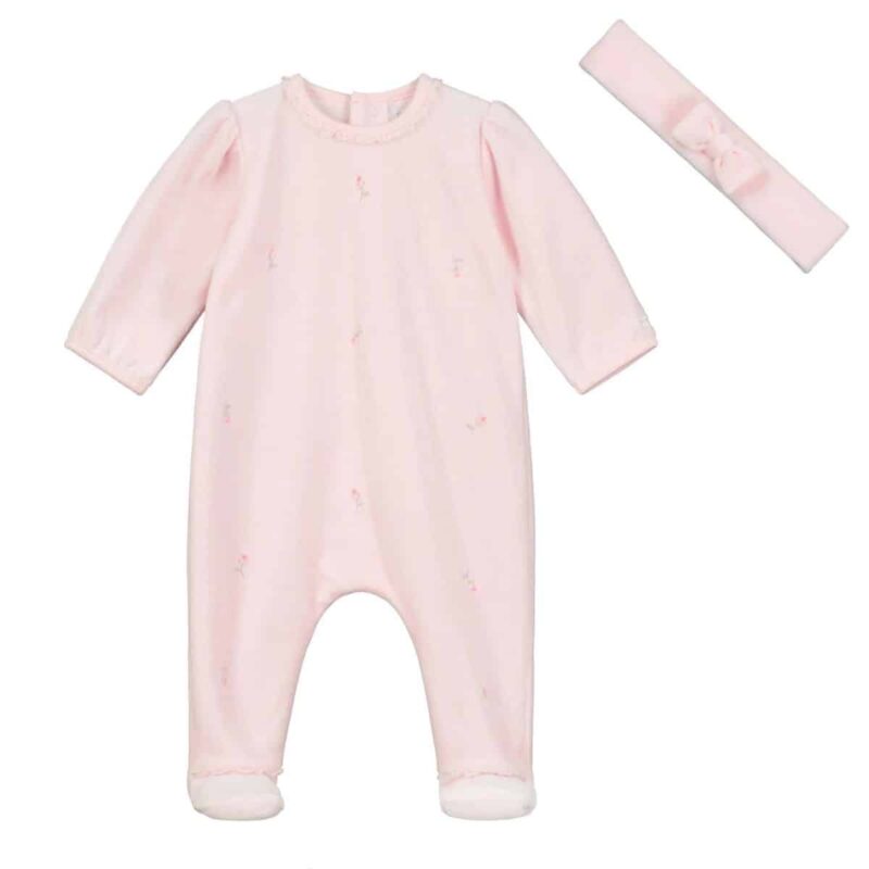 Esme Pink Rosebuds Velour Babygrow