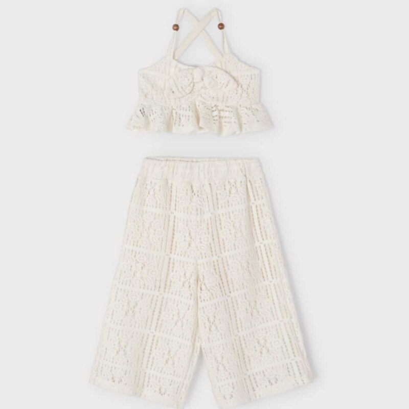 Girls Ivory Crochet Crop Top & Trousers Set