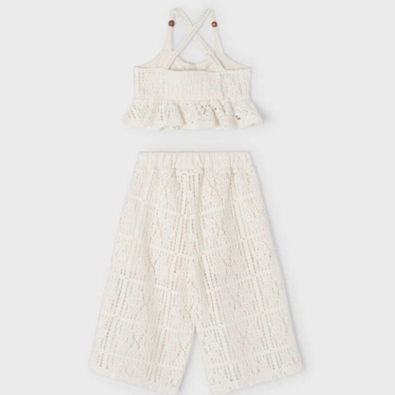 Girls Ivory Crochet Crop Top & Trousers Set - Image 2