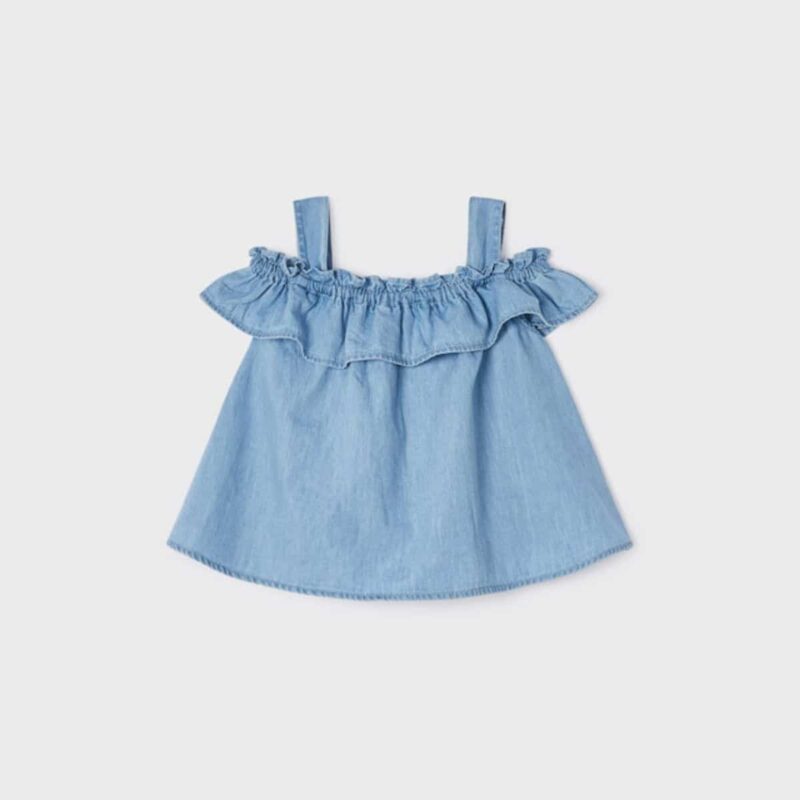 Girls Blue Ruffled Chambray Blouse - Image 2