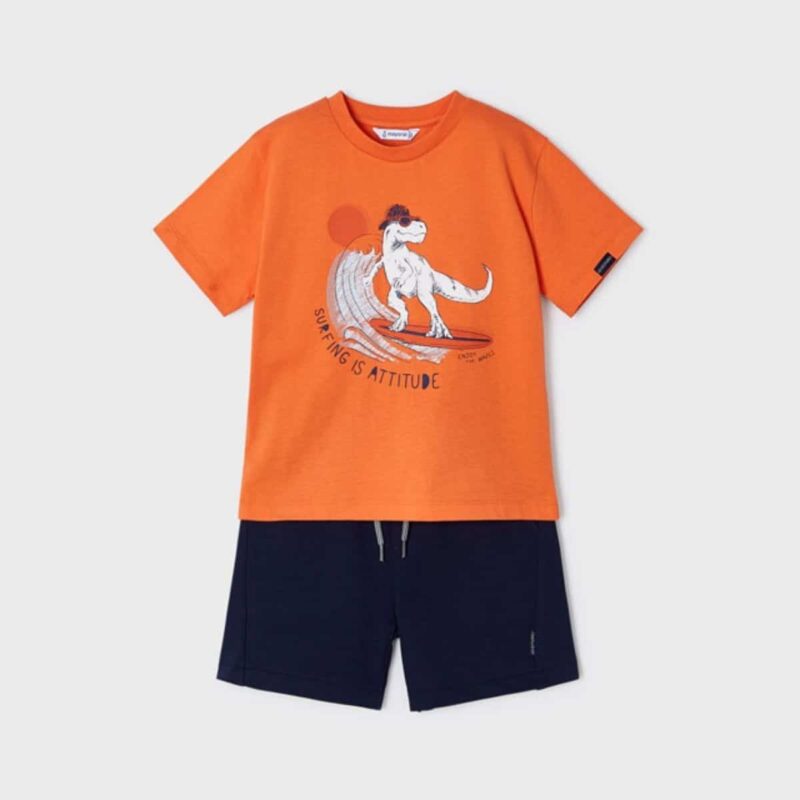 Orange & Navy Blue Cotton Dinosaur Shorts Set