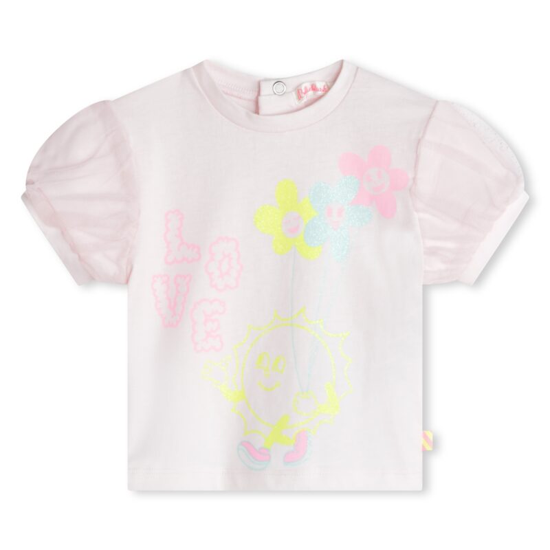 Baby Girls Pink Puff Sleeve Cotton T-Shirt - Image 4