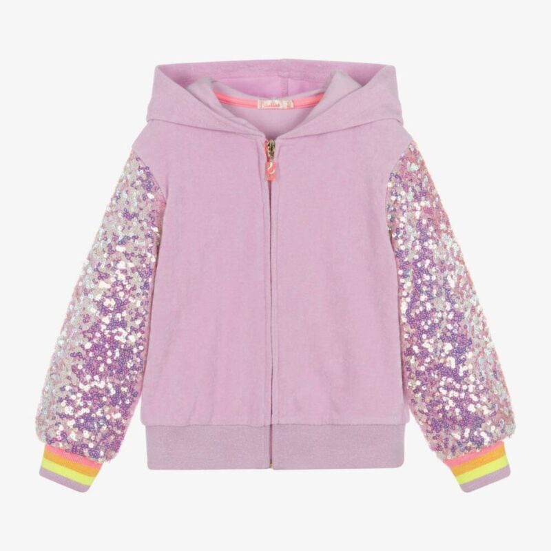 Girls Purple Sequin Cotton Zip Up Hoodie - Image 2