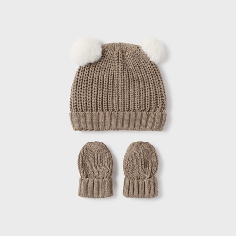 Tricot Hat and Mittens Brown Set