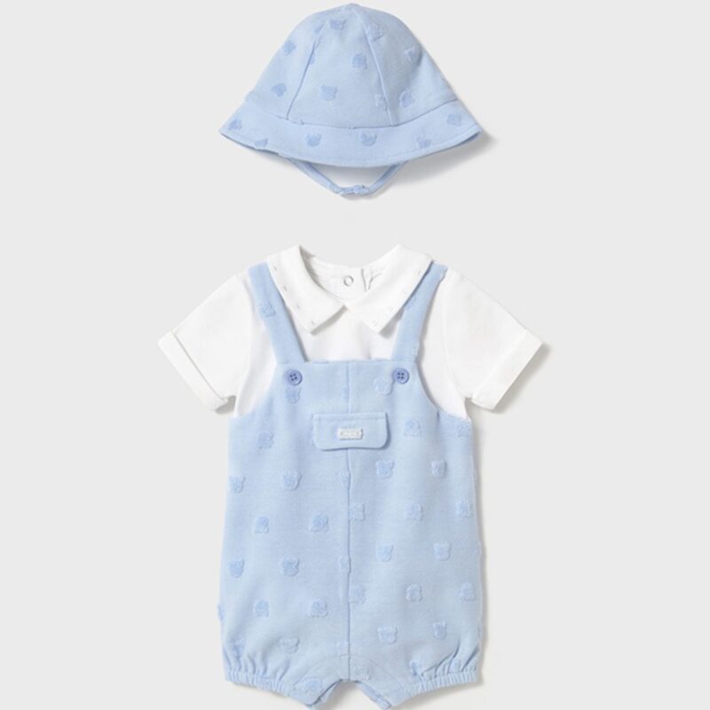 Newborn Boy Faux Blue Dungarees Romper With Bonnet
