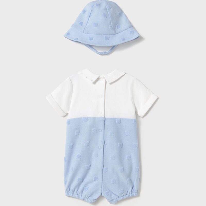 Newborn Boy Faux Blue Dungarees Romper With Bonnet - Image 2