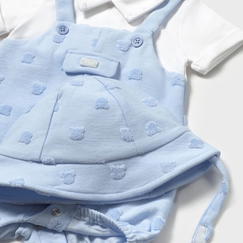 Newborn Boy Faux Blue Dungarees Romper With Bonnet - Image 3