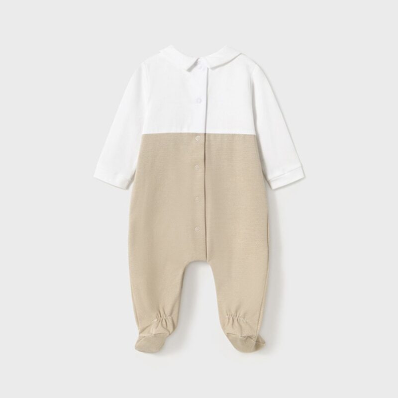 Boys Ivory & Beige Cotton Babygrow - Image 2