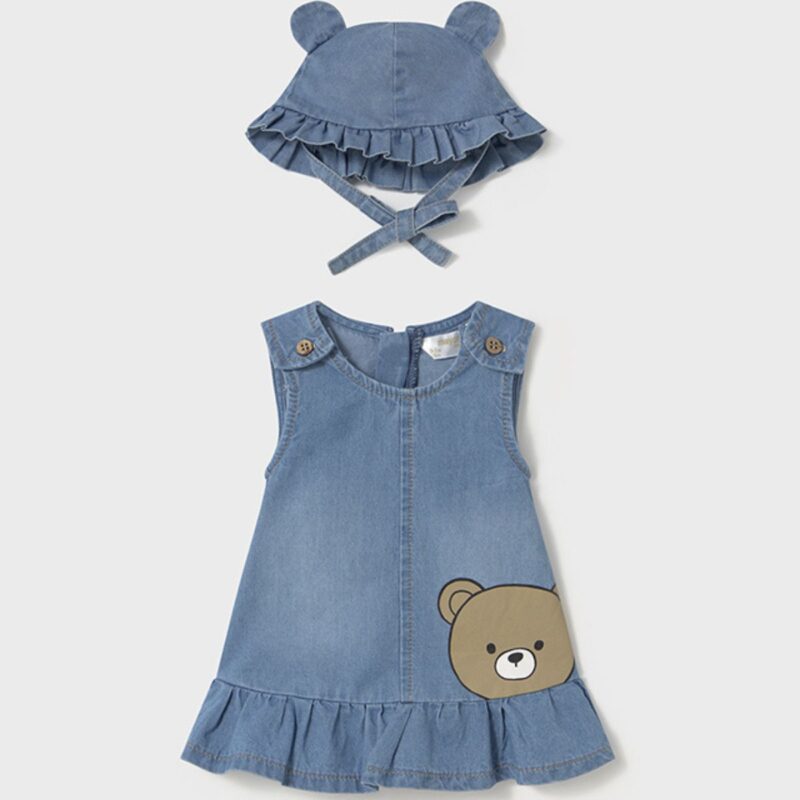 Newborn Girl Denim Dress With Bonnet