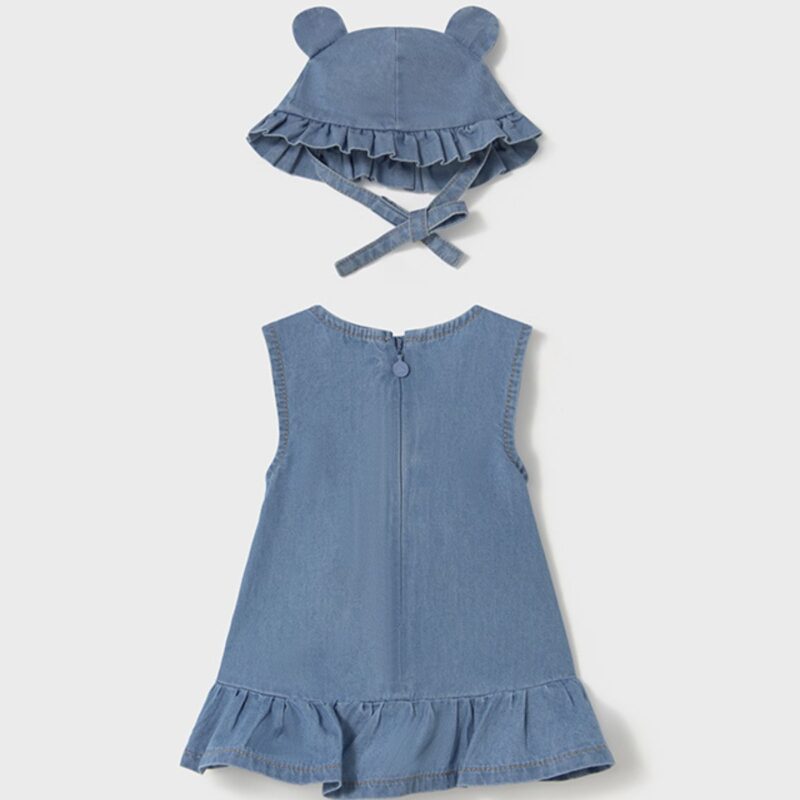 Newborn Girl Denim Dress With Bonnet - Image 3