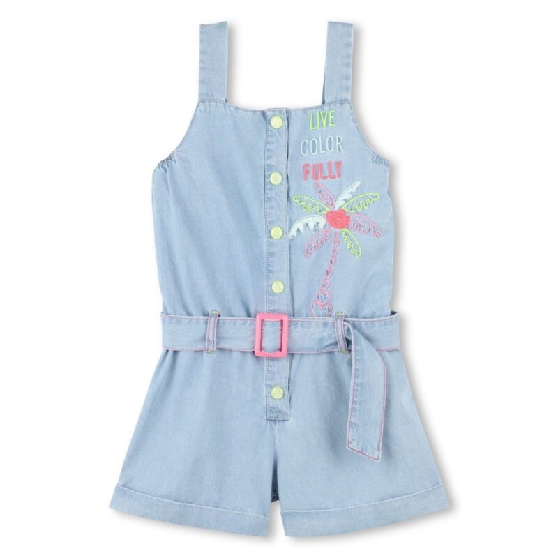 Girls Blue Denim Embroidered Playsuit