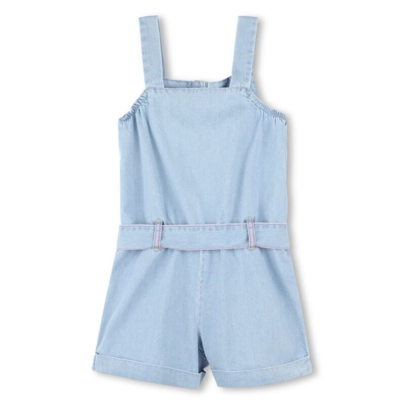 Girls Blue Denim Embroidered Playsuit - Image 2