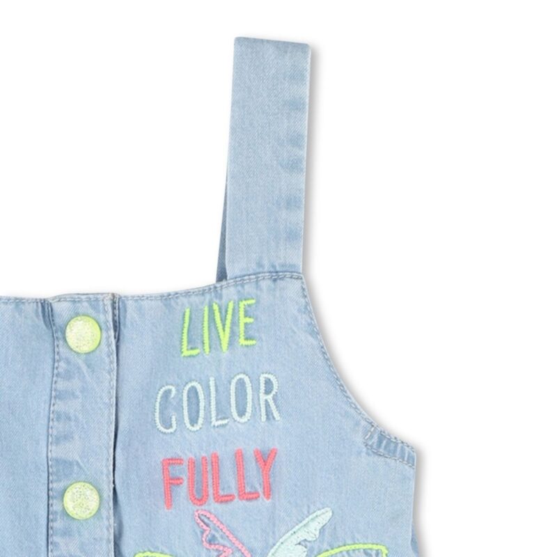 Girls Blue Denim Embroidered Playsuit - Image 3