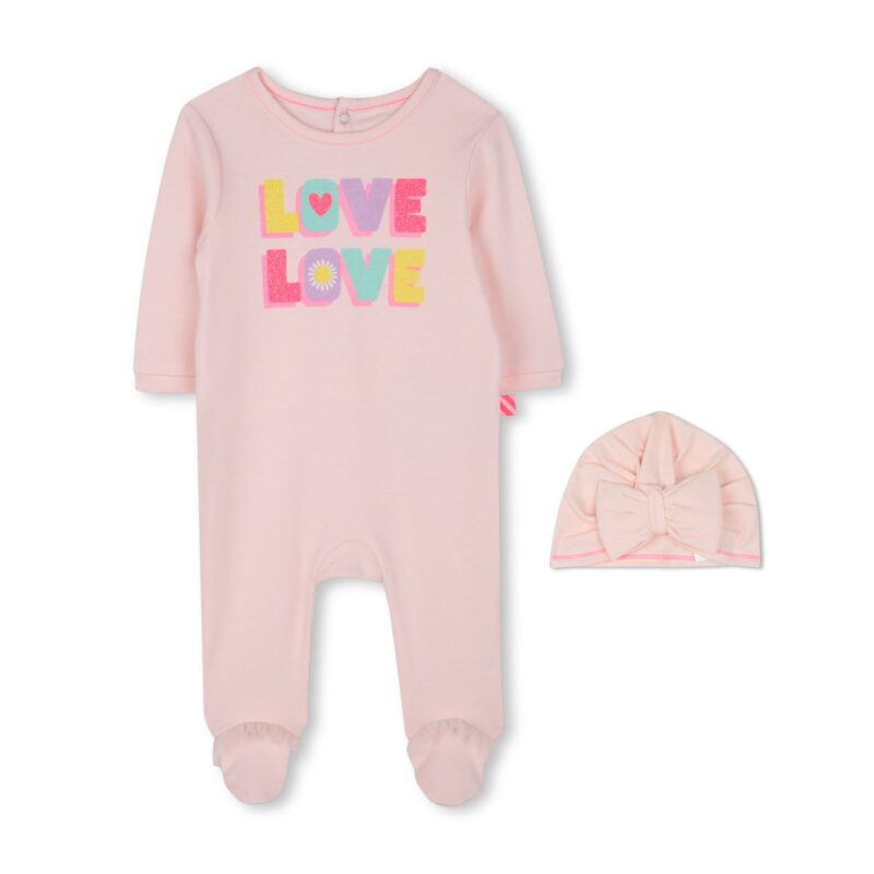 Girls Pink Cotton Babygrow & Hat Set