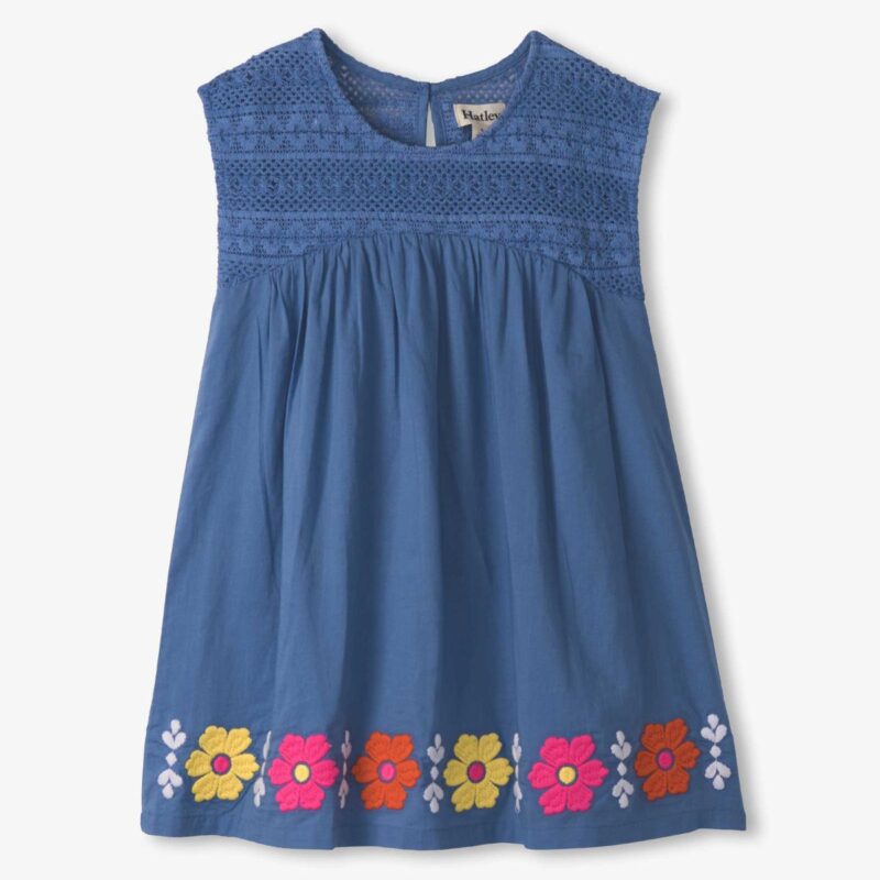 Girls Blue Embroidered Flower Dress