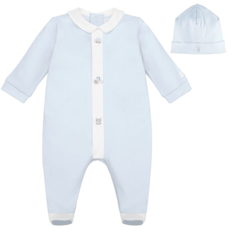 Baby Boys Smart Babygrow With Yoy Embroidered White Placket and Hat