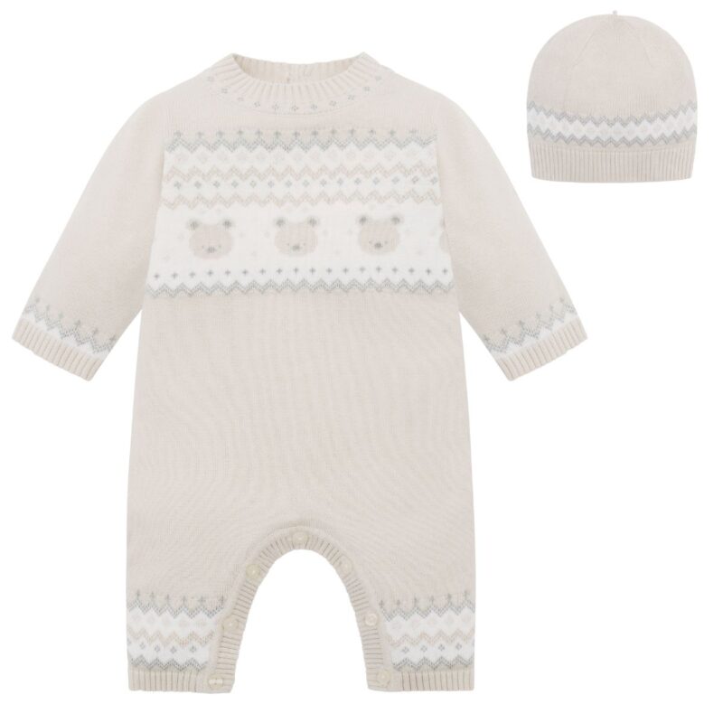 Baby Boys Stone Babygrow With Bear and Fairisle Design