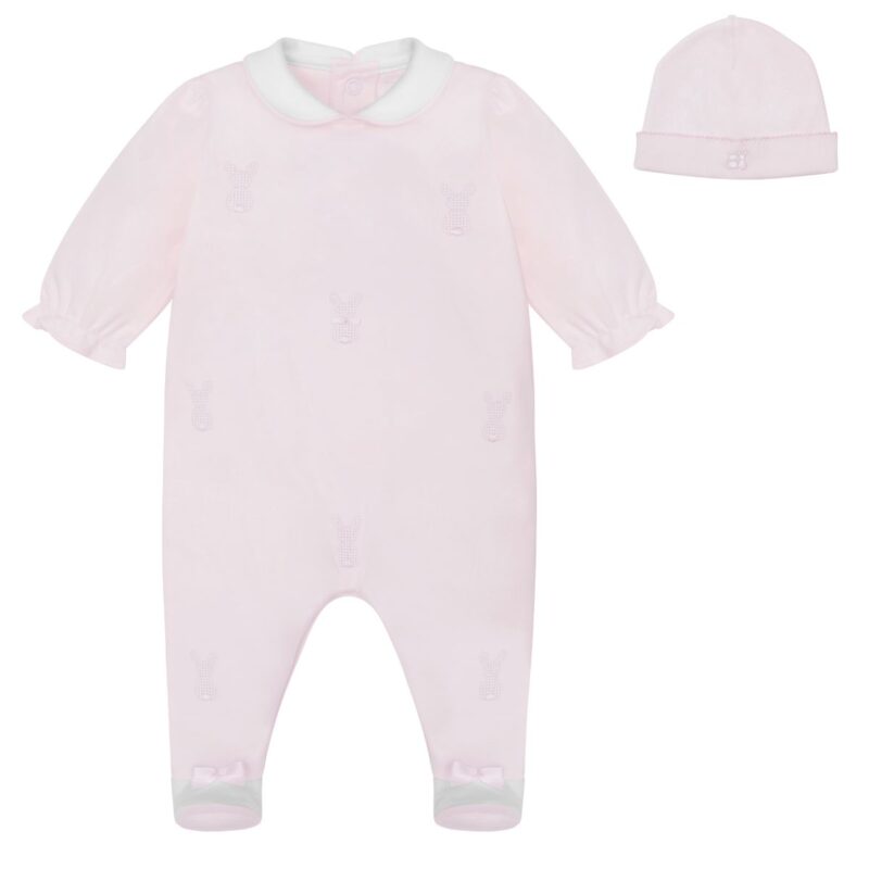 Girls Pale Pink Babygrow With Embroidered  Bunnies and Hat