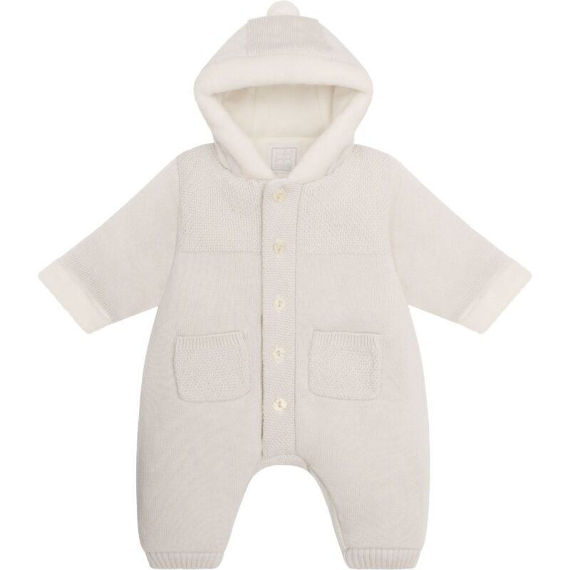 Baby Pale Stone Cotton Knit Hooded Pramsuit