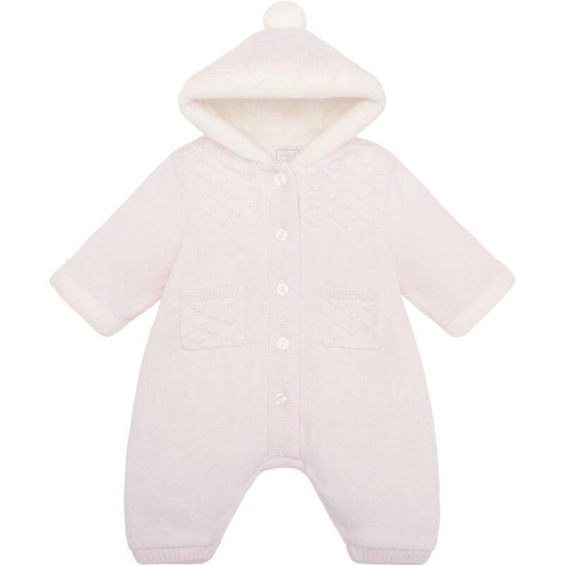 Baby Girls Pale Pink Cotton Knit Hooded Pramsuit