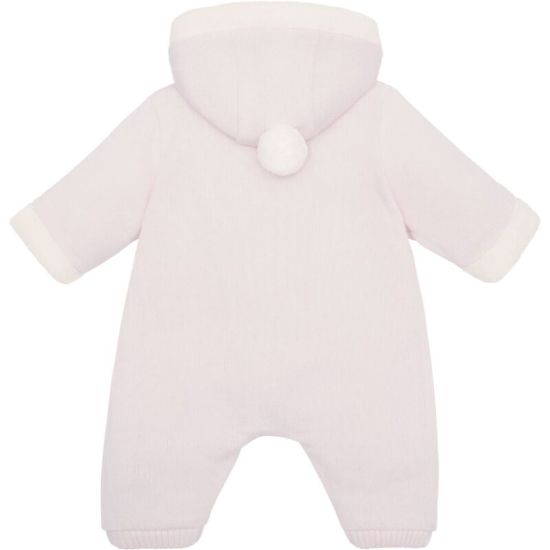 Baby Girls Pale Pink Cotton Knit Hooded Pramsuit - Image 2