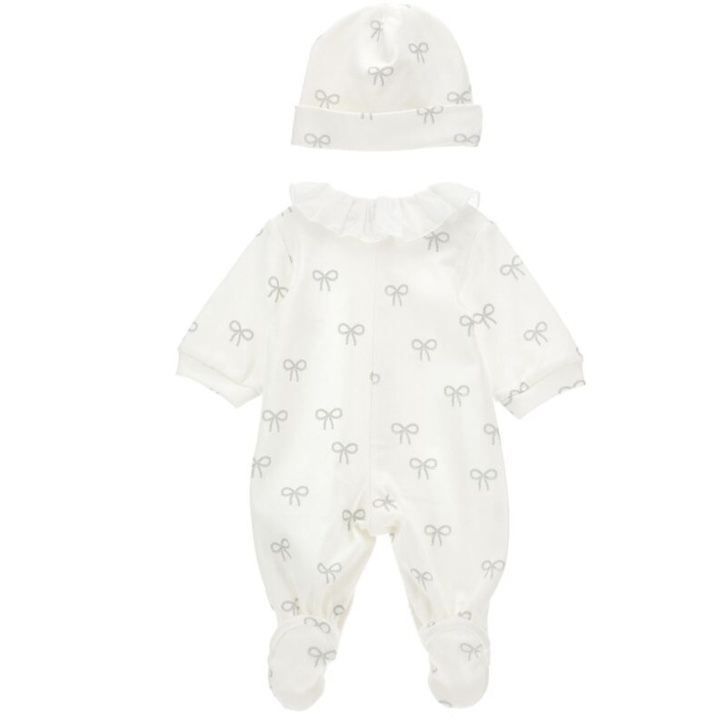 White Cotton Bow Print Babysuit Set