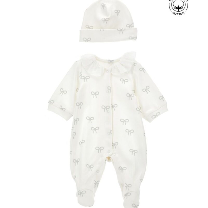 White Cotton Bow Print Babysuit Set - Image 2