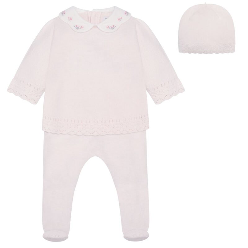 Baby Girl Knit Top With Embroidered Collar and Foot-in legging and Hat