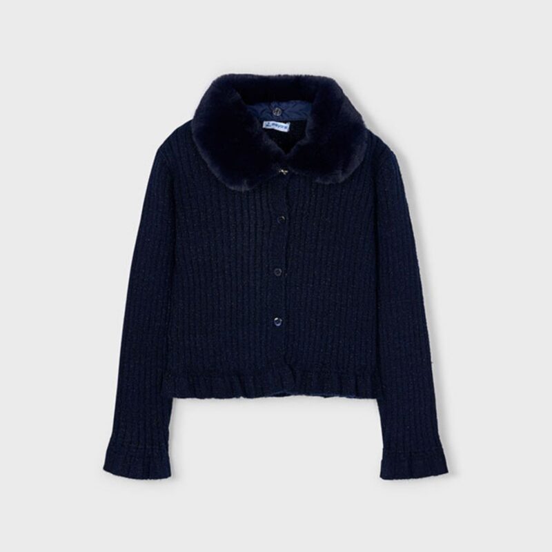 Girls Navy Cardigan With Fur Collar