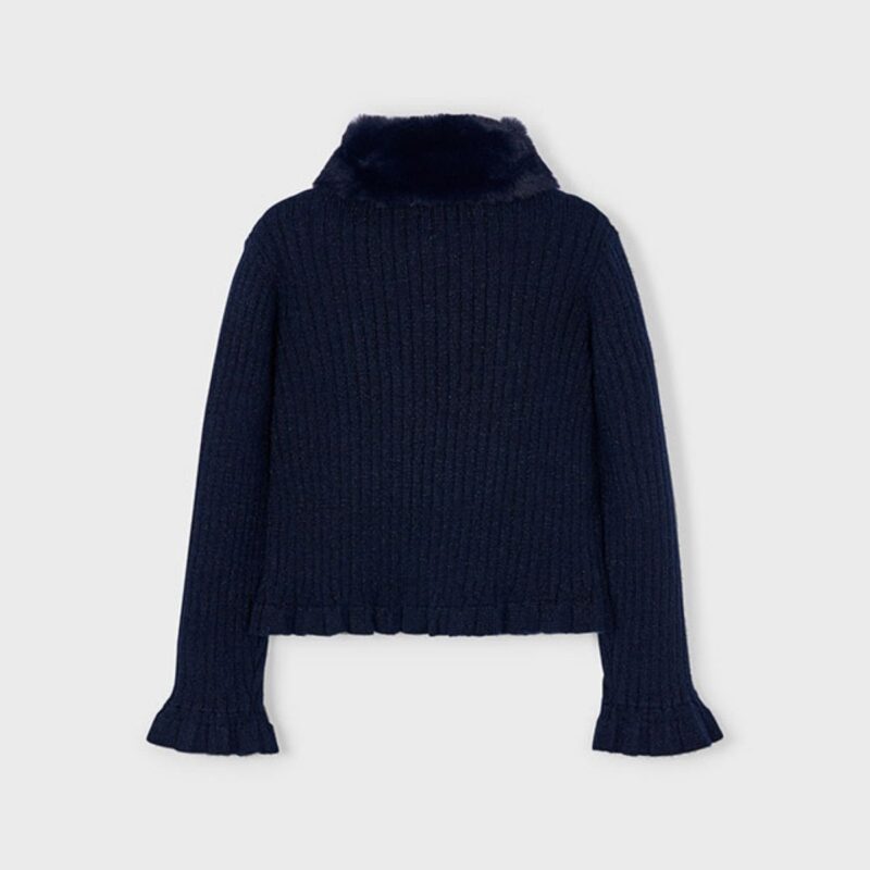 Girls Navy Cardigan With Fur Collar - Image 2