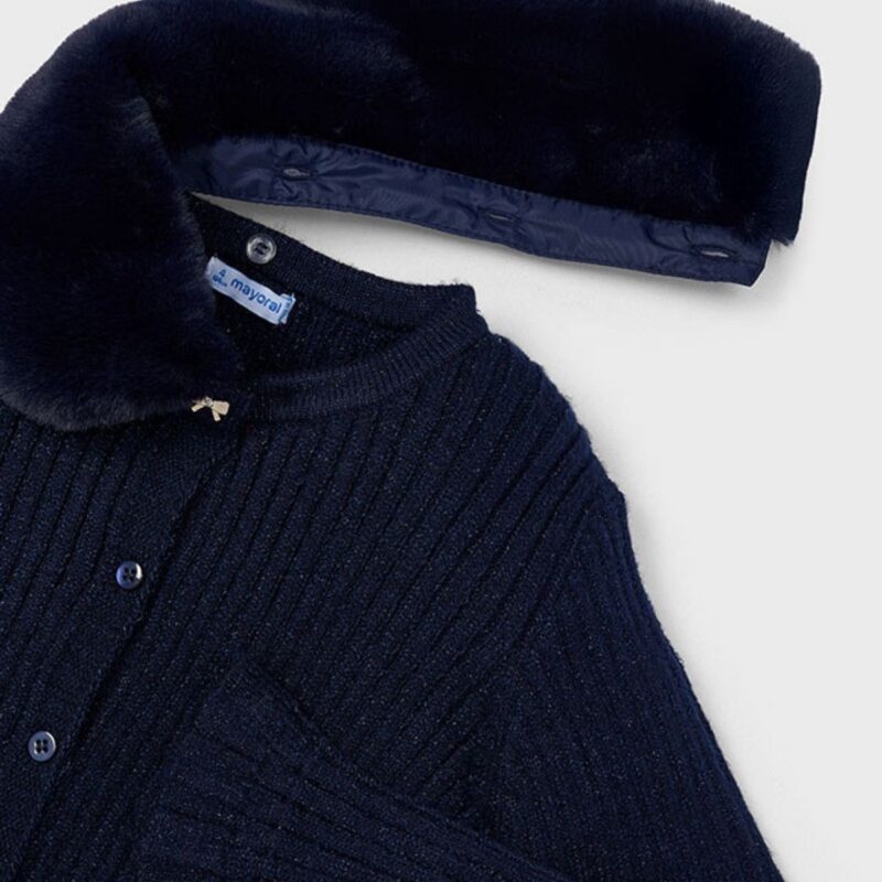 Girls Navy Cardigan With Fur Collar - Image 3