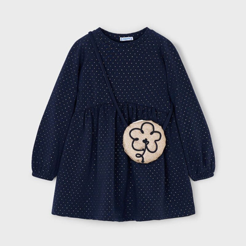 Girls Navy Blue Fleece Dress With Bag
