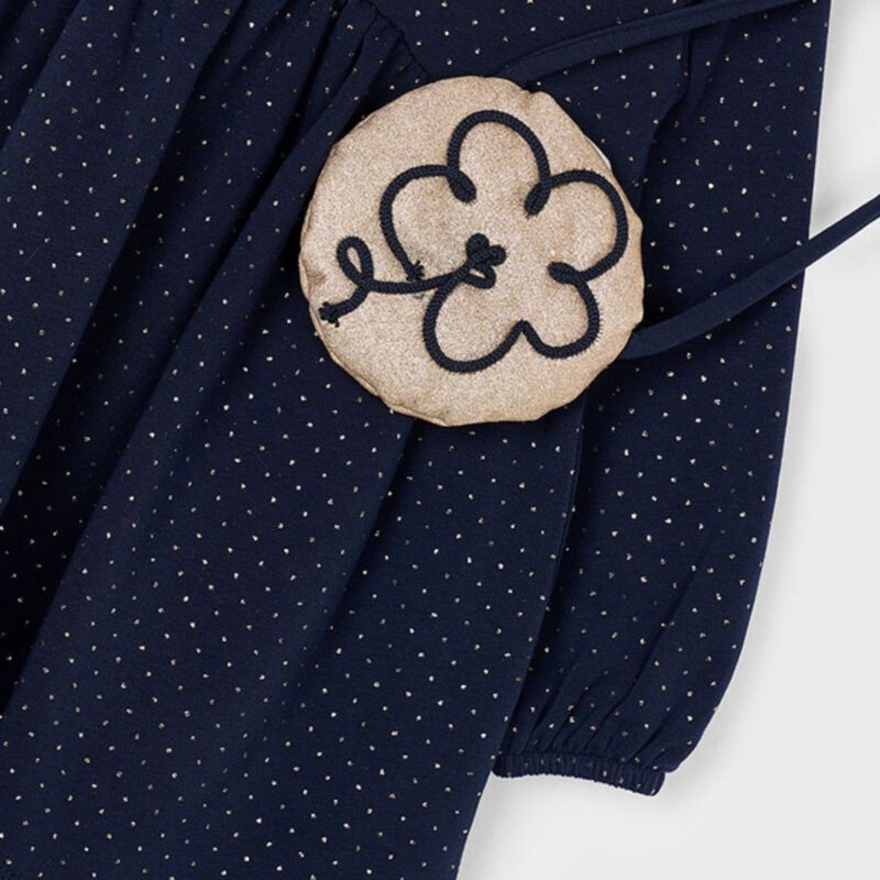 Girls Navy Blue Fleece Dress With Bag - Image 3