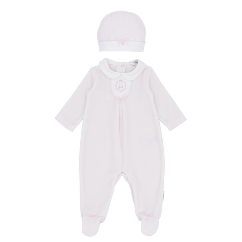 Girls Pink Velour All In One Whith Hat Embroidery