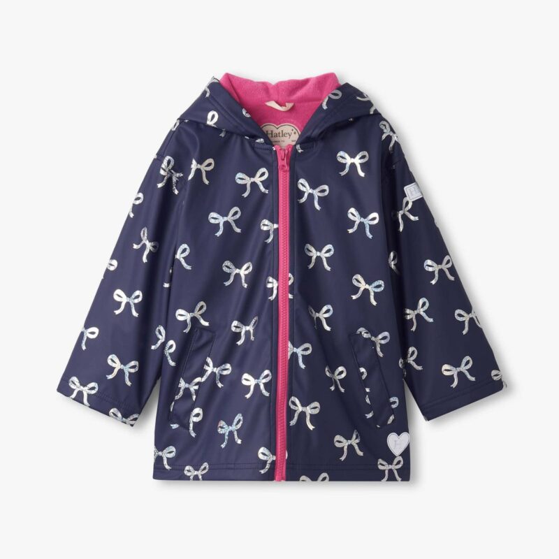 Girls Navy Blue Raincoat with Foil Bows