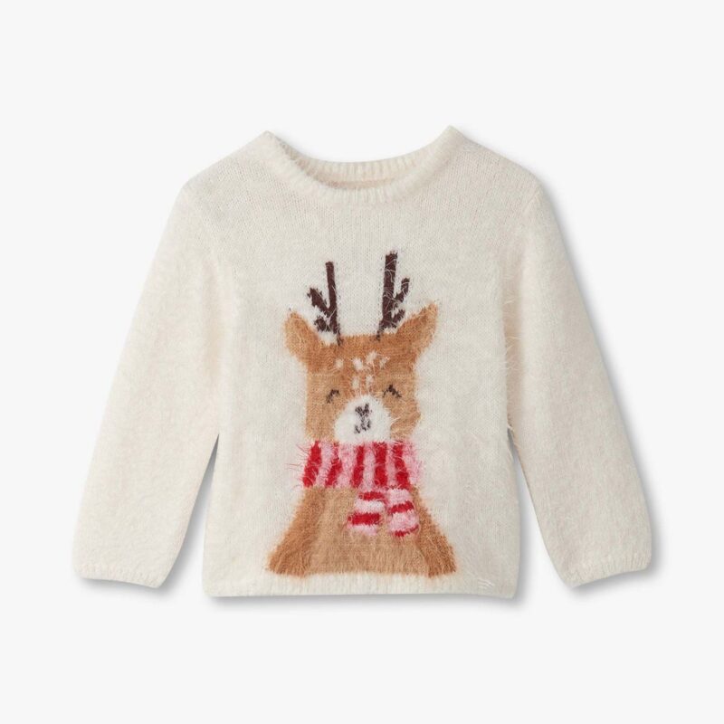 Girls Ivory Fluffy Knit Reindeer Jumper