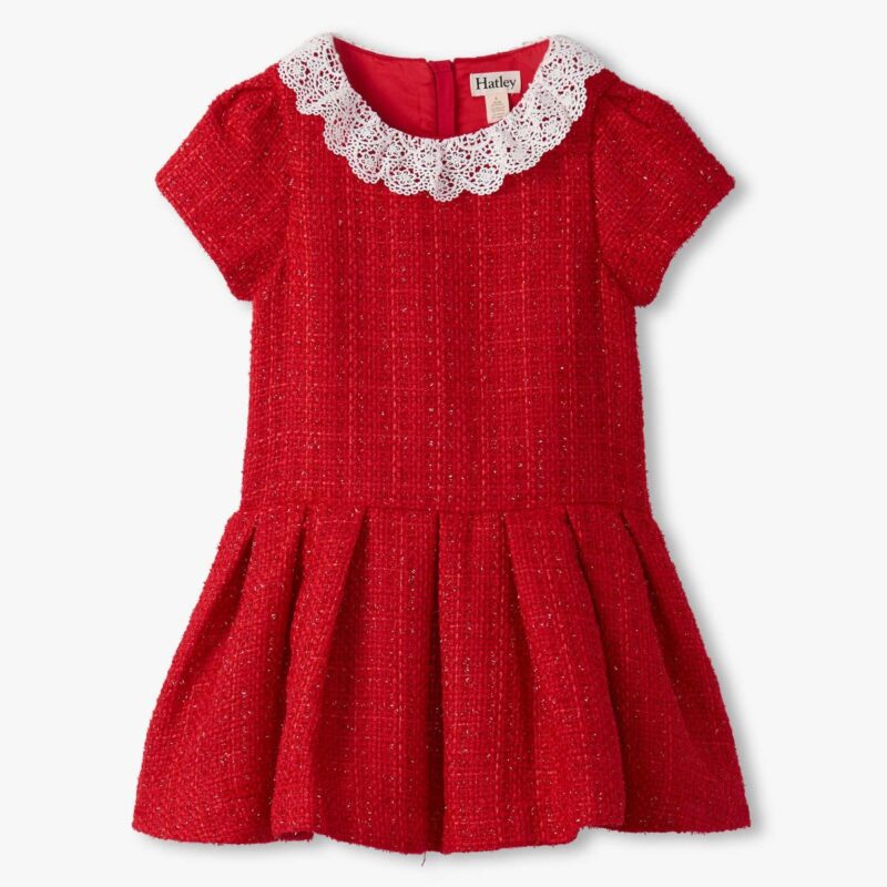 Girls’ Festive Red Tweed Dress with Lace Collar