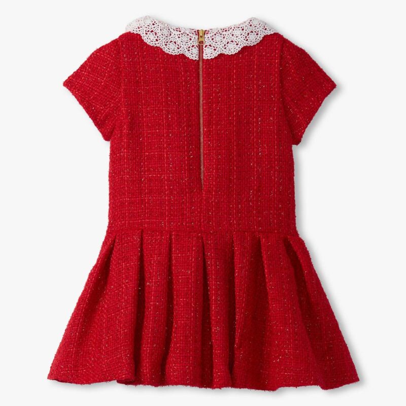 Girls’ Festive Red Tweed Dress with Lace Collar - Image 2