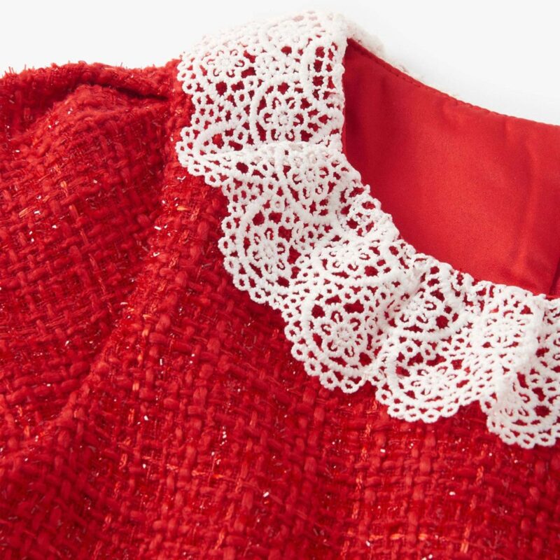 Girls’ Festive Red Tweed Dress with Lace Collar - Image 3