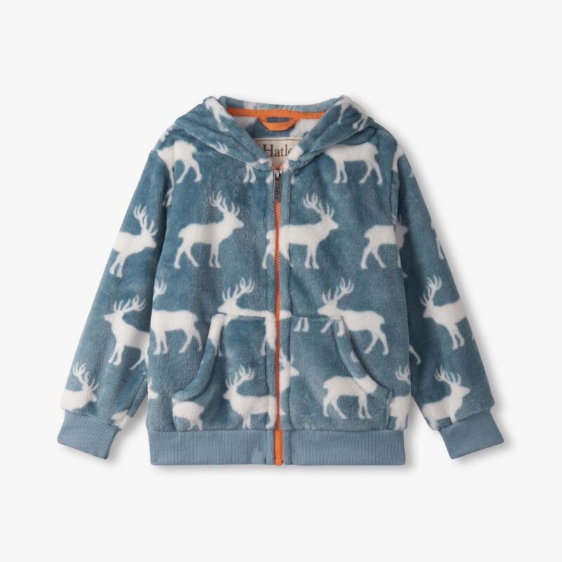 Boys Staggered Elks Fuzzy Fleece Zip-Up Hoodie