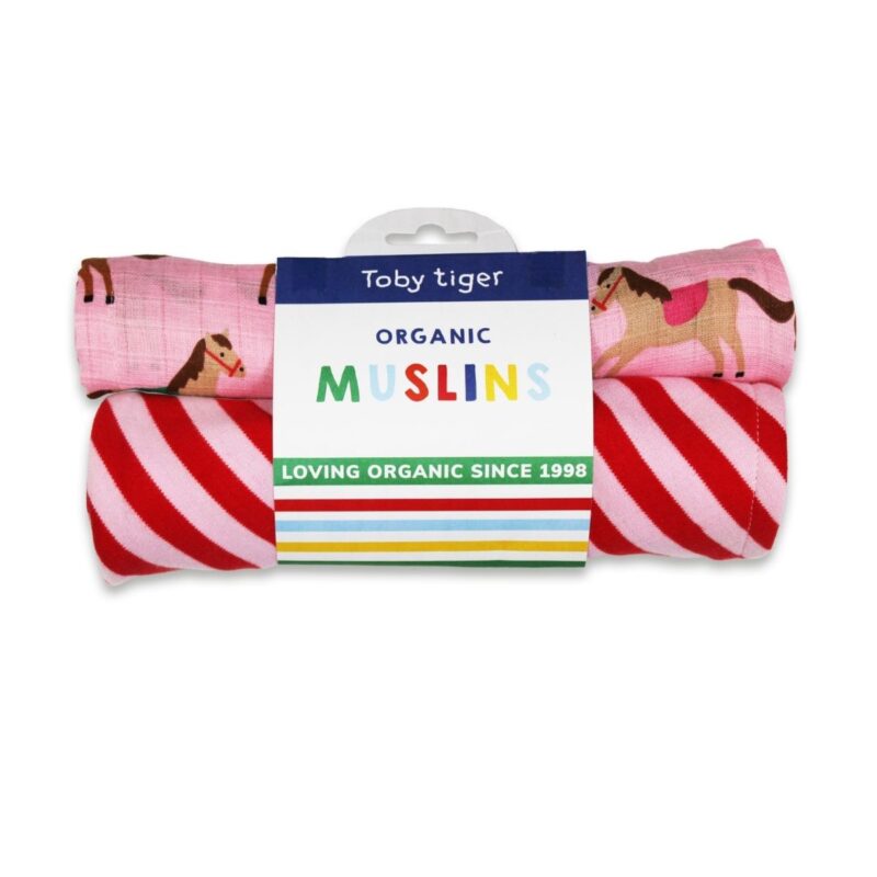 Organic Pink Horse and Pony Print 2 Pack Muslin