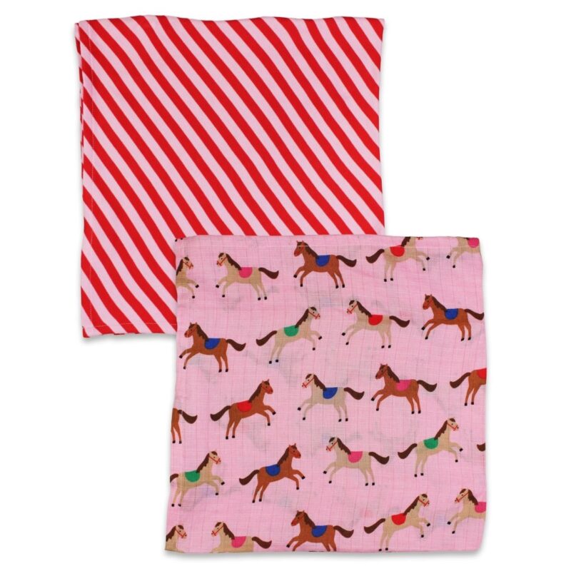 Organic Pink Horse and Pony Print 2 Pack Muslin - Image 2