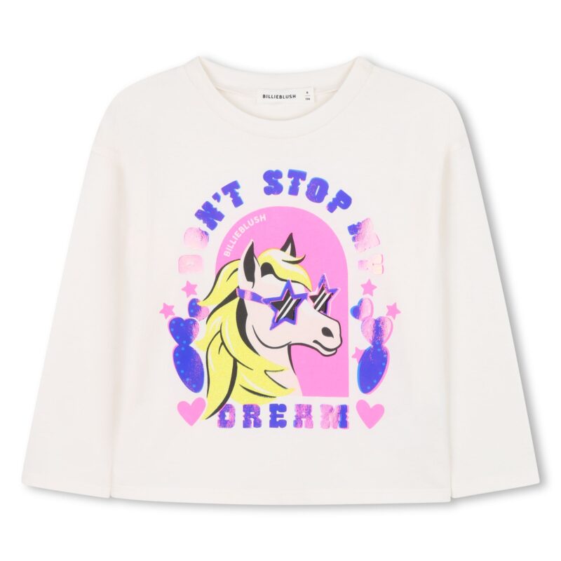 Girls Ivory Cotton Slogan Top with Glittery Pony