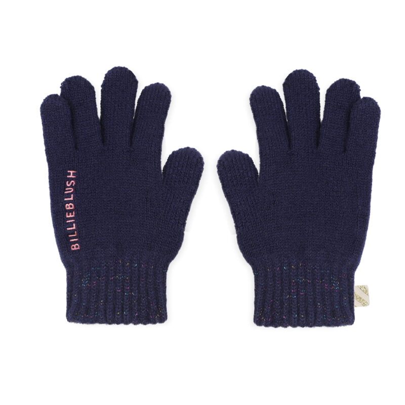 Girls Navy Knitted Gloves with Glittery Logo