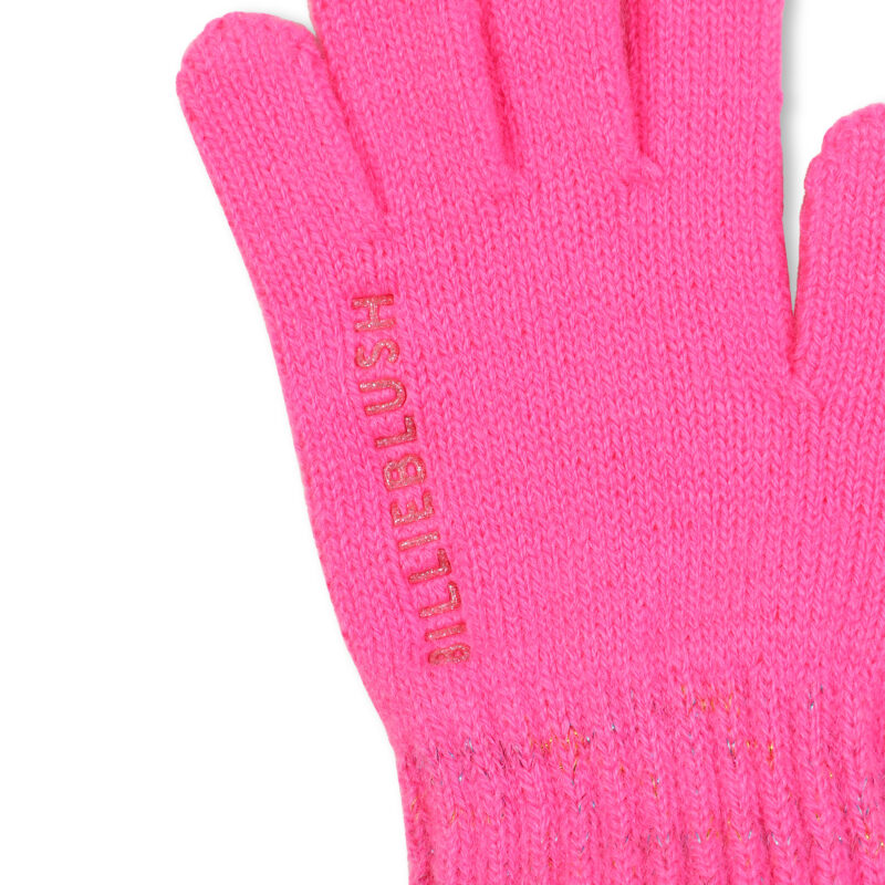 Girls Neon Pink Knitted Gloves with Glittery Logo - Image 3