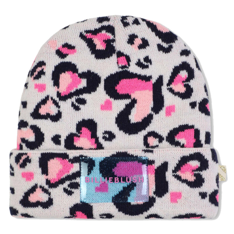 Girls Pink Leopard Hearts Knitted Hat
