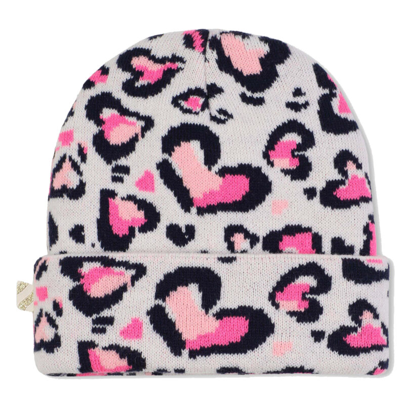 Girls Pink Leopard Hearts Knitted Hat - Image 2