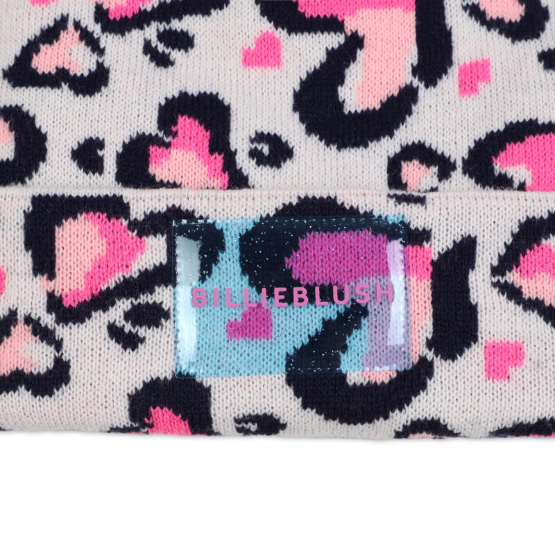 Girls Pink Leopard Hearts Knitted Hat - Image 3