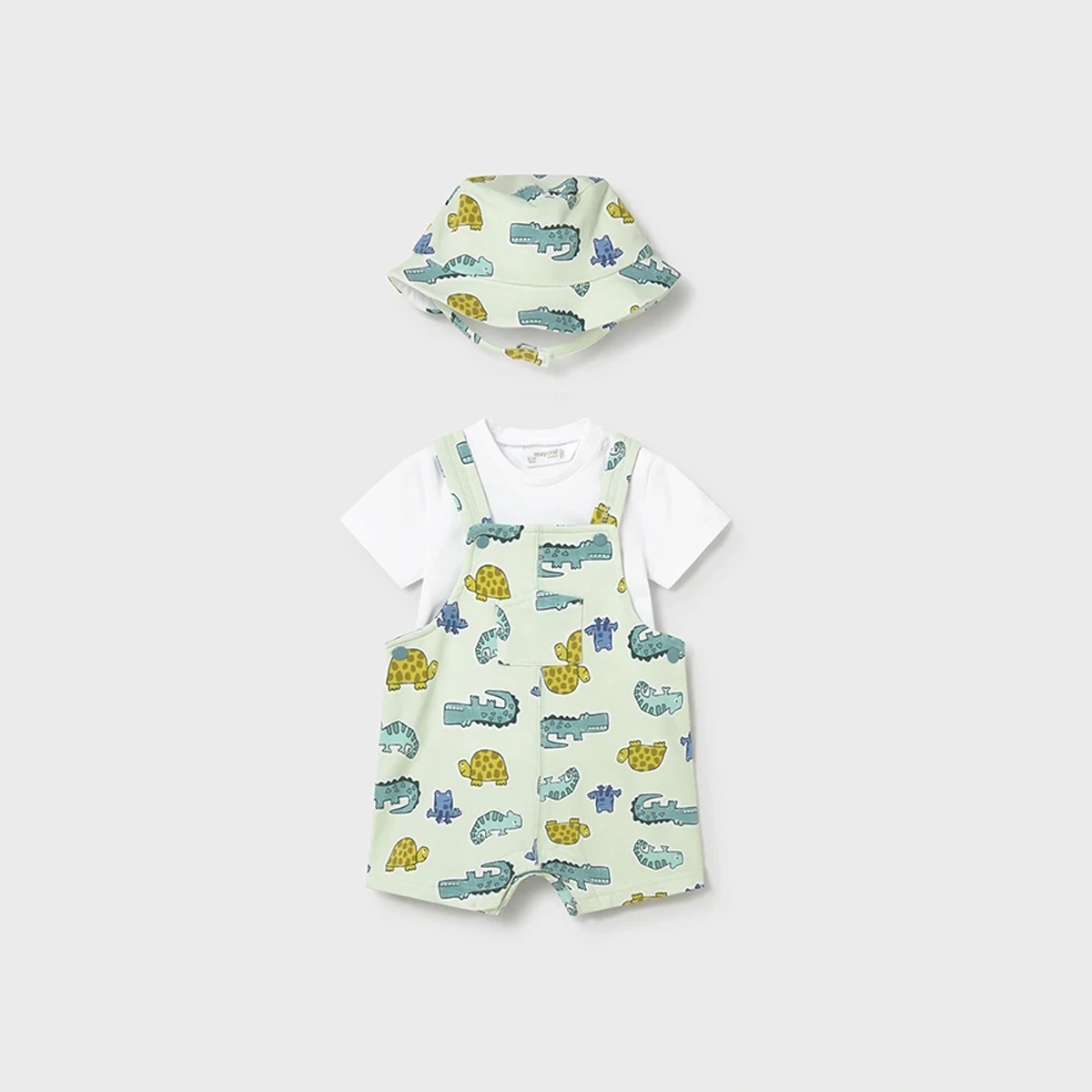 Dino green dungaree 3-piece set with hat