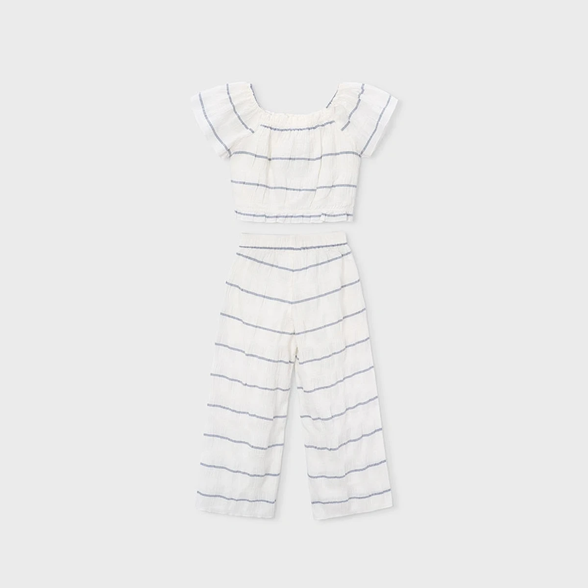 Girls Ivory & Blue Striped Cotton Trouser Set - Image 2